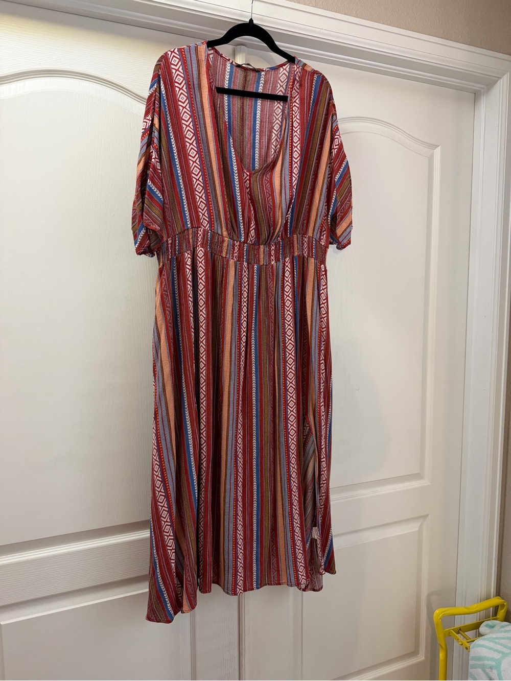 BloomChic Striped V-Neck Midi Dress in Rust Red with Blue & Cream Accents